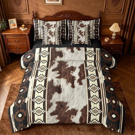 jejeloiu Vintage Cowhide 7 Pieces Full Size Bedding Sets,Geometric Pattern Full Size Bed in a Bag For Boys,Brown Black,Black Reversible