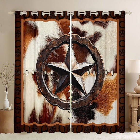 jejeloiu Vintage Cowhide Cattle Black Out Curtains,Rustic Texas Stars Curtains Pack of 2 (42x63 Each),White Brown Bedroom Curtains For Boys Kids,Microfiber Bedroom Decor
