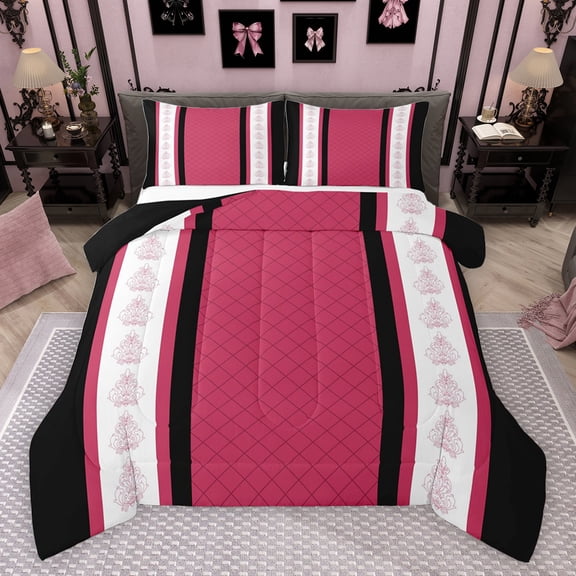 jejeloiu Vintage Damask Flowers Bedding Comforter Set,Abstract Geometric Thombus Twin Comforter Sets,Pink Black Striped Bedding Set For Kids,Breathable Home Decor Reversible,2 Pieces