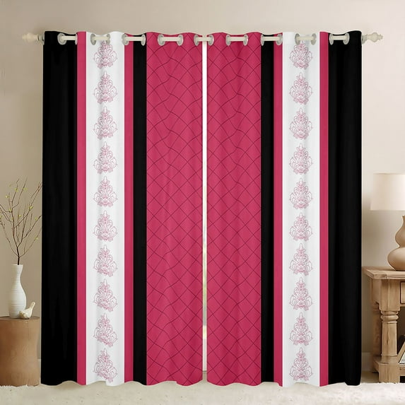 jejeloiu Vintage Damask Flowers Black Out Curtains,Abstract Geometric Thombus Curtains Pack of 2 (42x63 Each),Pink Black Striped Bedroom Curtains For Kids,Breathable Home Decor