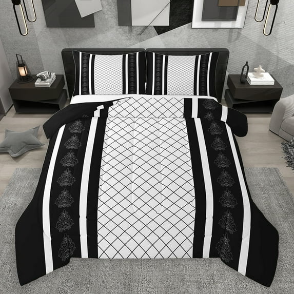 jejeloiu Vintage Damask Flowers Full Size Comforter Sets,Abstract Geometric Thombus Bedding Comforter Set,Black White Striped Bedding Sets For Kids,Breathable Home Decor Reversible,3-Piece