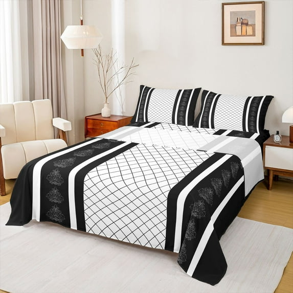 jejeloiu Vintage Damask Flowers Queen Sheet Sets,Abstract Geometric Thombus Flat Sheet,Black White Striped Queen Fitted Sheet For Kids,Breathable Home Decor,4 Pieces