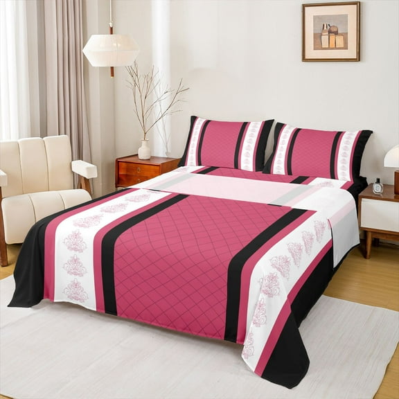 jejeloiu Vintage Damask Flowers Twin Sheet Sets,Abstract Geometric Thombus Twin Fitted Sheet,Pink Black Striped Flat Sheet For Kids,Breathable Home Decor,3 Pieces
