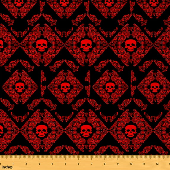jejeloiu Vintage Damask Jacquard Fabric by the Yard 3 Yards,Gothic Spooky Skeleton Sewing Fabric,Red Victorian Flower Fabric for Sewing For Chidren,Super Cozy Room Decoration