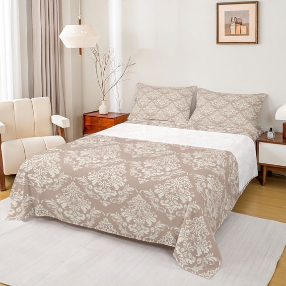 jejeloiu Vintage Damask Queen Sheets,Retro Floral Queen Sheet Sets For Adults,Beige Taupe,4pcs,1 Flat Sheet, 1 Fitted Sheet and 2 Pillowcases