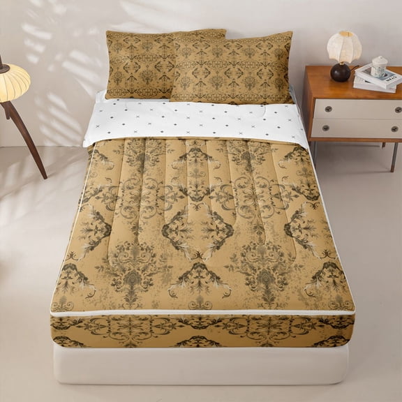 jejeloiu Vintage Damask Zipper Twin Comforter Sets with Fitted Sheet and 2 Pillowcases,Classic Floral Zipper Bedding Set For Adults,Yellow,Reversible,4-Piece