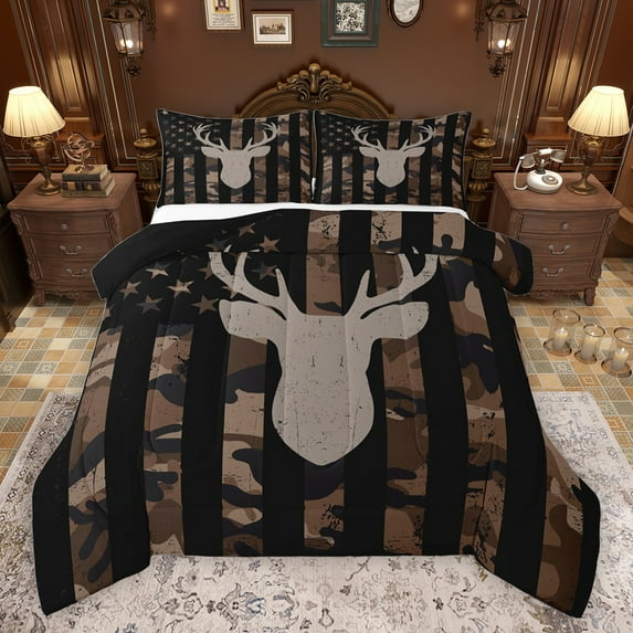 jejeloiu Vintage Deer Skull Bedding Comforter Set,Rustic American Flag Twin Comforter Sets,Camo Camouflage Print Bedding Set For Teens,Ultra Soft Home Decor Reversible,2pcs