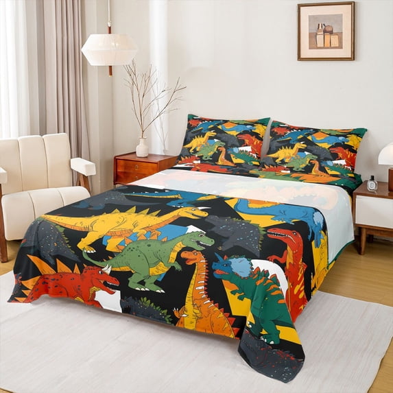 jejeloiu Vintage Dinosaur Bed Sheets,Wild Animal King Sheets,Colorful Dino Sheet Set For Boys Kids,Microfiber Bedroom Decor,4pcs