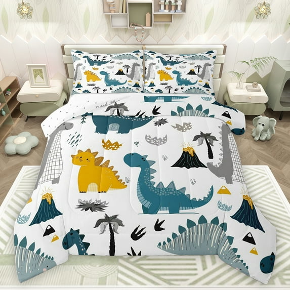 jejeloiu Vintage Dinosaur Bedding Comforter Set,Happy Camping Twin Comforter Sets,Colorful Dino Bedding Set For Boys Kids,Microfiber Bedroom Decor Reversible,2 Pieces