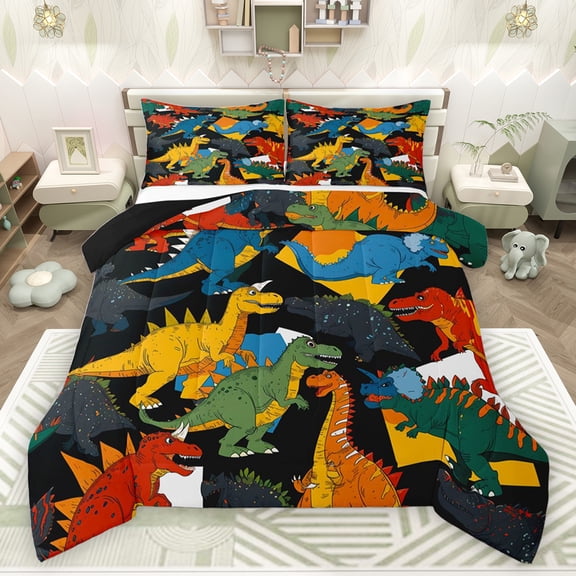 jejeloiu Vintage Dinosaur Bedding Comforter Set,Wild Animal Twin Comforter Sets,Colorful Dino Bedding Set For Boys Kids,Microfiber Bedroom Decor Reversible,2pcs