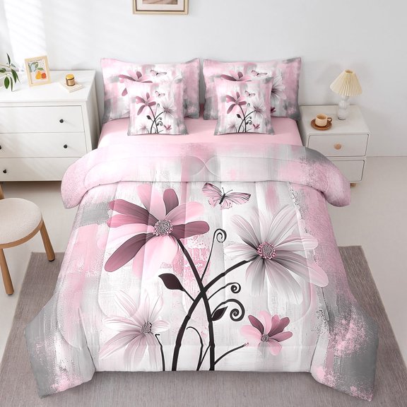 jejeloiu Vintage Floral Bedding Comforter Set,7pcs,Pink Gray Graffiti Queen Bedding Sets,Rustic Farmhouse Cabin Queen Sheet Sets For Children,Ultra Soft Bedroom Decoration Reversible