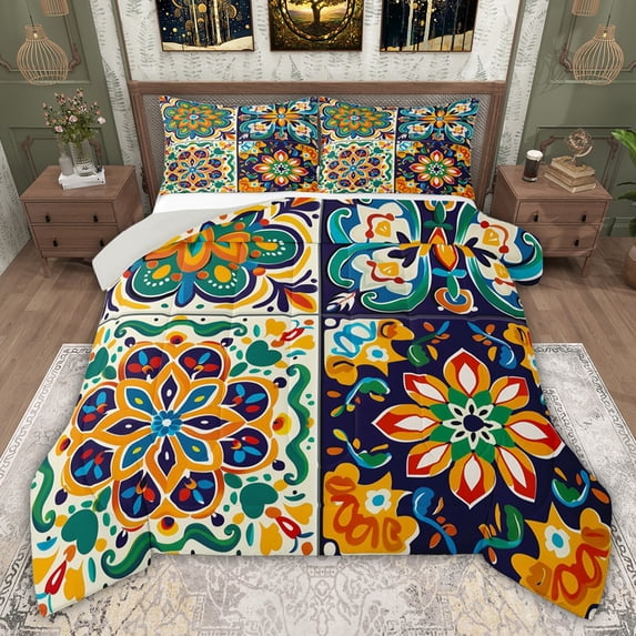 jejeloiu Vintage Floral Blossom Queen Comforter Set,Multicolor Boho Flower Bedding Comforter Set For Teens Reversible 3pcs