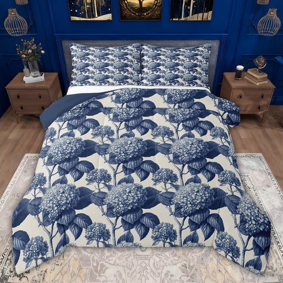jejeloiu Vintage Floral Hydrangea Twin Comforter Sets,Blue Floral Bedding Set For Adult Reversible 2 Pieces