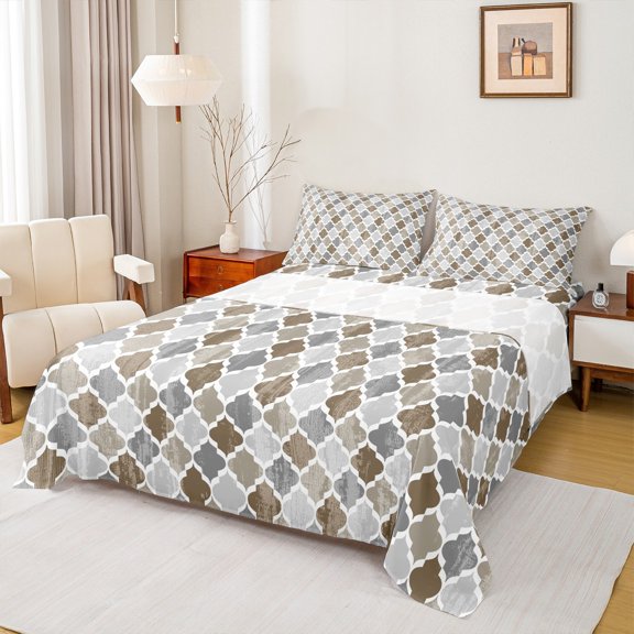 jejeloiu Vintage Floral Patchwork Bed Sheets,Geometric Abstract Artwork King Sheets,Gray Brown Blue Sheet Set For Girls Boys,Luxury Bedroom Decor,4-Piece