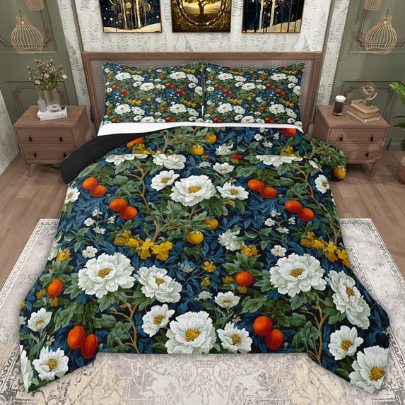 jejeloiu Vintage Floral Queen Comforter Set,White Floral Bedding Comforter Set For Adult Reversible 3 Pieces