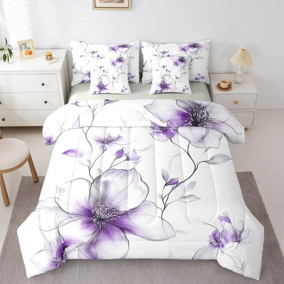jejeloiu Vintage Flower 7-Piece Twin Bedding Sets,Modern Minimalist Desgin Bedding Comforter Set,Purple White Sheet Sets For Men Women,Ultra Soft Home Decor Reversible