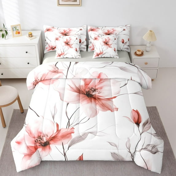jejeloiu Vintage Flower 7-Piece Twin Bedding Sets,Modern Minimalist Desgin Bedding Comforter Set,Red White Sheet Sets For Men Women,Ultra Soft Home Decor Reversible