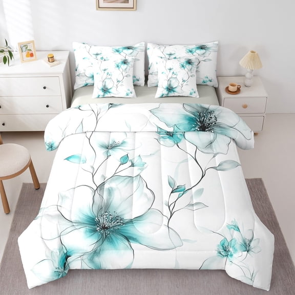 jejeloiu Vintage Flower 7 Pieces Bedding Comforter Set,Modern Minimalist Desgin Full Bedding Set,Cyan White Fitted Sheet Flat Sheet For Men Women,Ultra Soft Home Decor Reversible