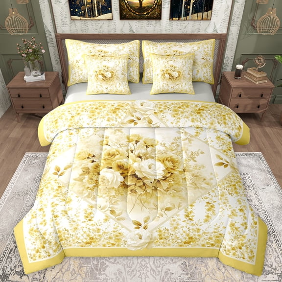 jejeloiu Vintage Flower 7 Pieces Bedding Comforter Set,Retro Rustic Floral Full Bedding Set,Yellow White Fitted Sheet Flat Sheet For Men Women,Luxury Bedroom Decor Reversible