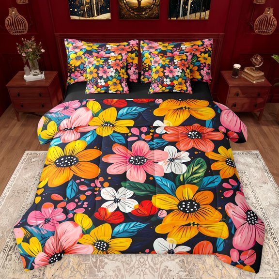 jejeloiu Vintage Flower 7pcs Bedding Comforter Set,Rustic Floral Queen Bedding Sets,Multicolor Plant Botanical Queen Sheet Sets For Men Women,Luxury Bedroom Decor Reversible