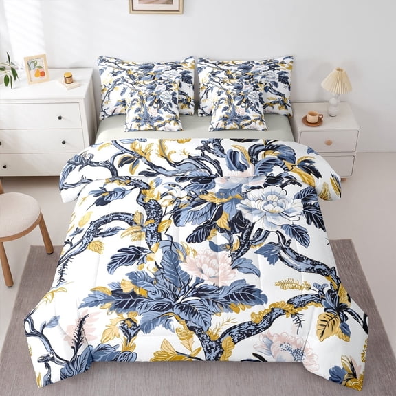 jejeloiu Vintage Flower Floral Bedding Comforter Set 7-Piece,Tropical Plant Leaves King Bedding Sets,Blue Gold White Bed Sheets,Ultra Soft Bedroom Decorative Reversible