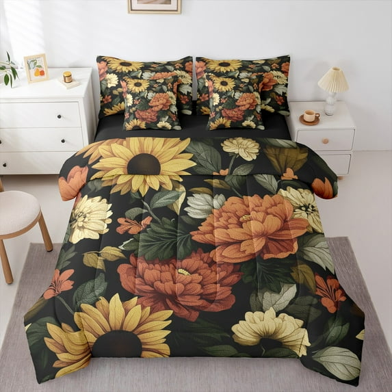 jejeloiu Vintage Flower Floral Bedding Comforter Set 7pcs,Shabby Oil Painting Queen Bedding Sets,Orange Yellow Green Queen Sheet Sets For Adults,Breathable Home Decor Reversible