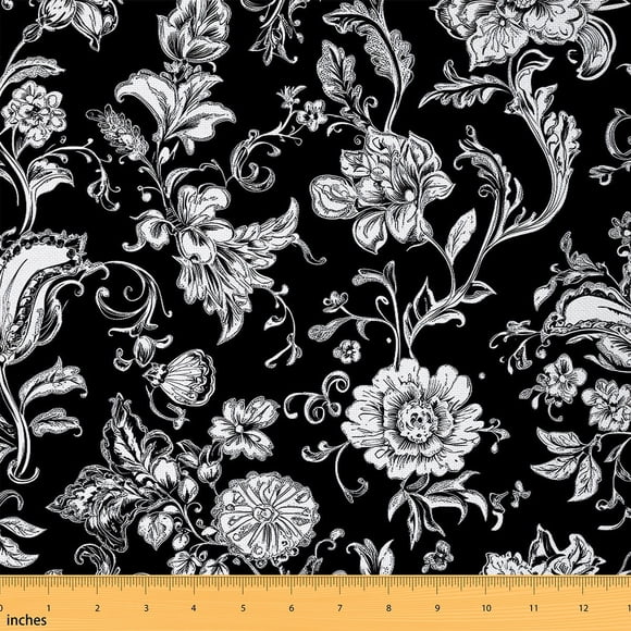 jejeloiu Vintage Flower Floral Fabric by the Yard 1 Yard,Sketch Style Home Decor Fabric by the Yard,White Black Sewing Fabric For Teens,Microfiber Bedroom Decor