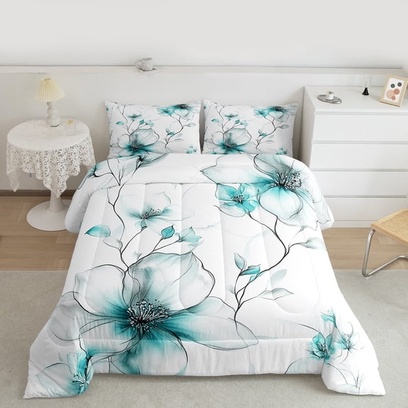 jejeloiu Vintage Flower Full Size Comforter Sets,Modern Minimalist Desgin Bedding Comforter Set,Cyan White Bedding Sets For Men Women,Ultra Soft Home Decor Reversible,3-Piece