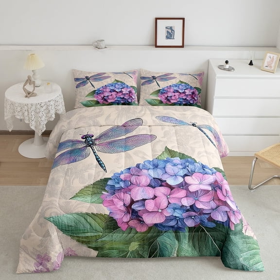 jejeloiu Vintage Flower Hydrange Queen Comforter Set,Chic Country Dragonfly Bedding Sets,Purple Green Beige Bedding Comforter Set For Adults,Breathable Home Decor Reversible,3-Piece