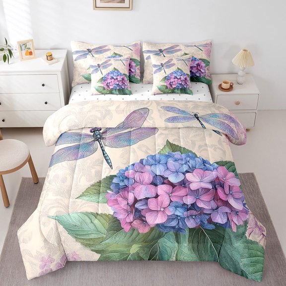 jejeloiu Vintage Flower Hydrange Twin Bedding Sets 7-Piece,Chic Country Dragonfly Bedding Comforter Set,Purple Green Beige Sheet Sets For Adults,Breathable Home Decor Reversible