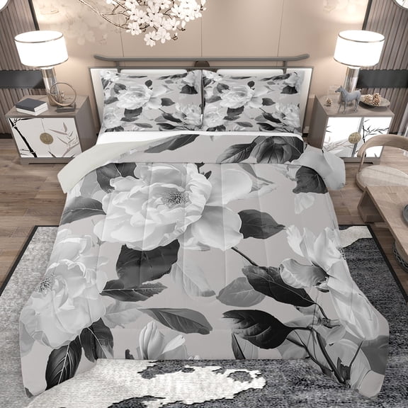 jejeloiu Vintage Flower Queen Comforter Set,Rustic Floral Bedding Sets,Gray White Bedding Comforter Set For Men Women,Luxury Bedroom Decor Reversible,3 Pieces