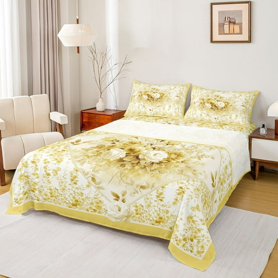 jejeloiu Vintage Flower Queen Sheet Sets,Retro Rustic Floral Flat Sheet,Yellow White Queen Fitted Sheet For Men Women,Luxury Bedroom Decor,4 Pieces