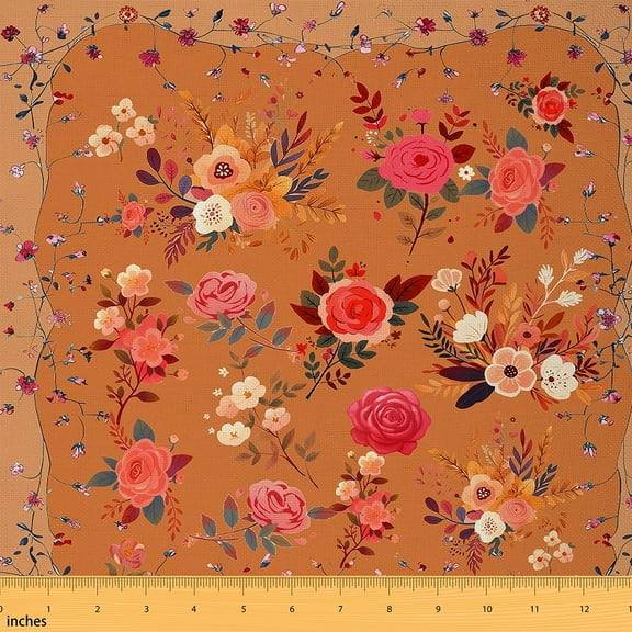 jejeloiu Vintage Flower Rose Fabric by the Yard 1 Yard,Rustic Floral Home Decor Fabric by the Yard,Orange Pink Sewing Fabric For Princess,Luxury Bedroom Decor