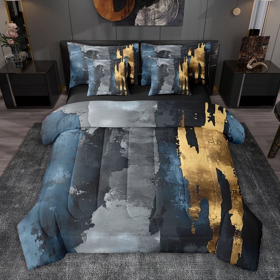 jejeloiu Vintage Fluid Ink 7pcs Bedding Comforter Set,Blue Gray Gold Queen Bedding Sets For Men Women Reversible