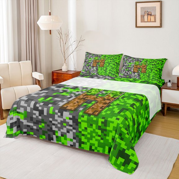 jejeloiu Vintage Game Pixel Print Queen Sheet Sets For Kids,Initial Letter H Monogram Bed Set For Boys,4 Pieces