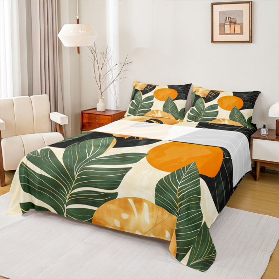 jejeloiu Vintage Geometric Circle Full Size Sheets,Tropical Monstera Leaf Bed Sheets,Retro Aesthetic Artwork Sheet Sets For Girls Kids,Microfiber Bedroom Decor,4pcs