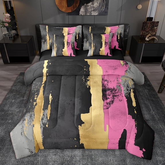 jejeloiu Vintage Geometric Design 7pcs Bedding Comforter Set,Black Pink Gold Queen Bedding Sets For Adult Reversible