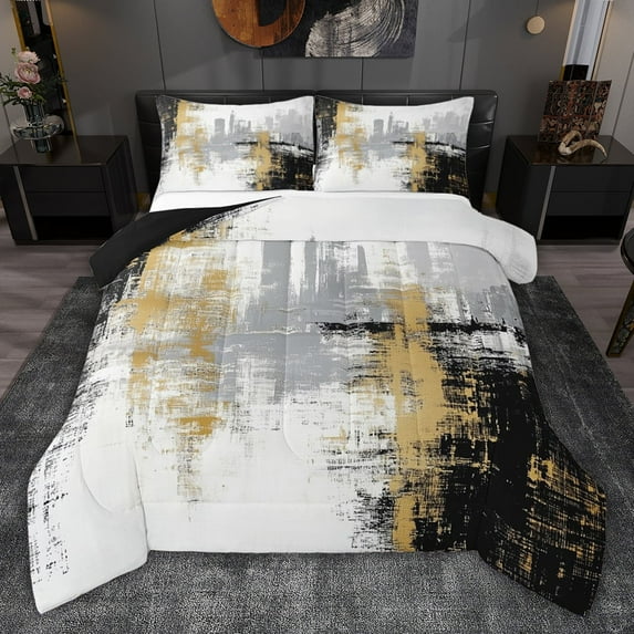 jejeloiu Vintage Geometric Design Queen Comforter Set,White Black Gold Bedding Comforter Set For Adult Reversible 3 Pieces