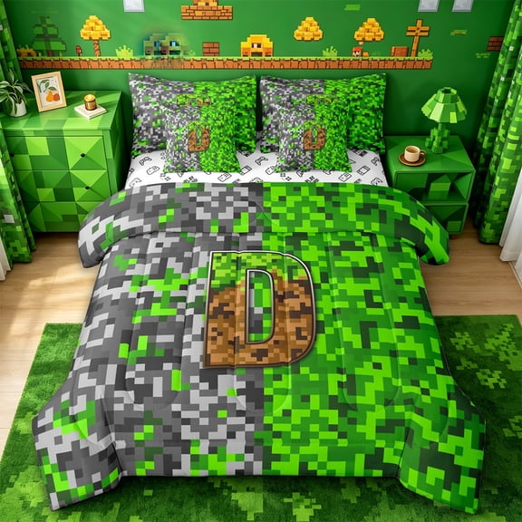 jejeloiu Vintage Geometric Grid 7-Piece Twin Bedding Sets For Kids,Monogram Letter D Design Bedding Comforter Set For Boys,Reversible