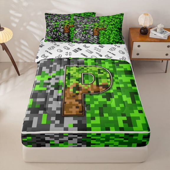 jejeloiu Vintage Geometric Grid Zipper Twin Comforter Sets with Fitted Sheet and 2 Pillowcases For Kids,Monogram Letter P Design Zipper Bedding Set For Boys,Reversible,4 Pieces