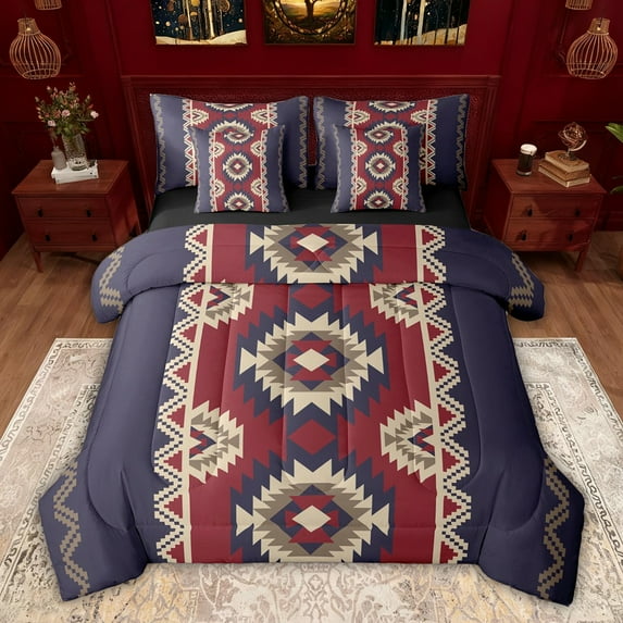 jejeloiu Vintage Geometric Rhombus 7-Piece Twin Bedding Sets,Purple Beige Red Bedding Comforter Set For Men Women Reversible