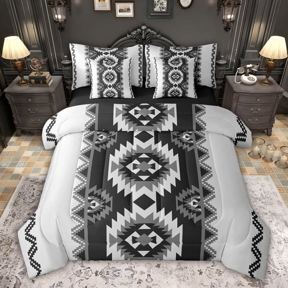jejeloiu Vintage Geometric Rhombus 7pcs Bedding Comforter Set,Gray Black Queen Bedding Sets For Men Women Reversible