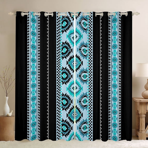 jejeloiu Vintage Geometric Rhombus Curtains Pack of 2 (42x84 Each),Cyan Aztec Triangle Curtains Blackout For Men Women