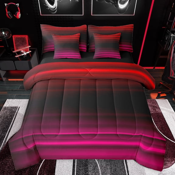 jejeloiu Vintage Geometric Striped 7-Piece Bedding Comforter Set,Modern Abstract Art King Bedding Sets,Red Pink Ombre Bed Sheets For Men Women,Luxury Bedroom Decor Reversible