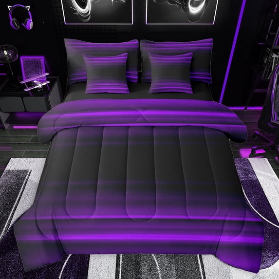 jejeloiu Vintage Geometric Striped 7 Pieces Bedding Comforter Set,Modern Abstract Art Full Bedding Set,Black Purple Fitted Sheet Flat Sheet For Men Women,Luxury Bedroom Decor Reversible