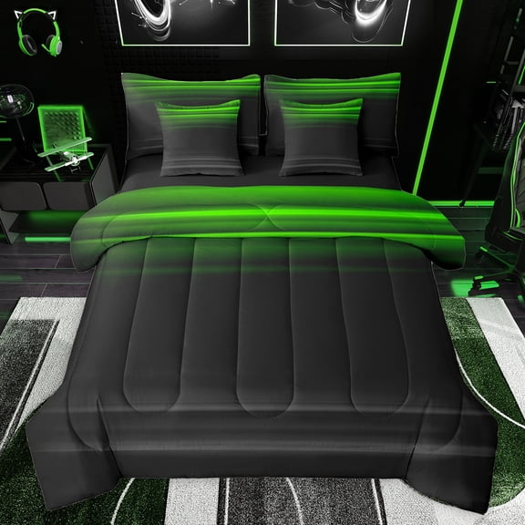 jejeloiu Vintage Geometric Striped 7 Pieces Bedding Comforter Set,Modern Abstract Art Full Bedding Set,Green Black Fitted Sheet Flat Sheet For Men Women,Luxury Bedroom Decor Reversible
