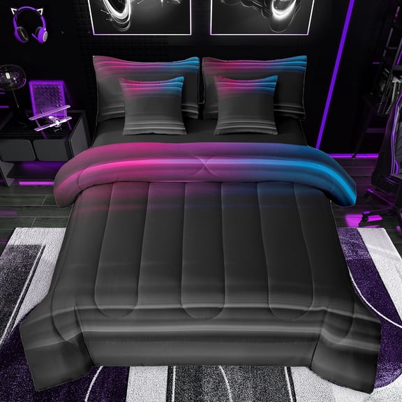 jejeloiu Vintage Geometric Striped 7pcs Bedding Comforter Set,Modern Abstract Art Queen Bedding Sets,Gray Black Queen Sheet Sets For Men Women,Luxury Bedroom Decor Reversible