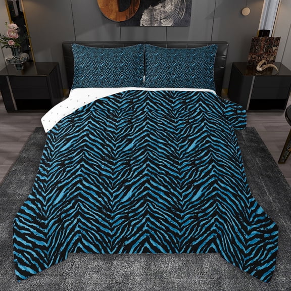 jejeloiu Vintage Geometric Stripes Queen Comforter Set,Blue Zebra Pattern Bedding Comforter Set For Teens Reversible 3pcs
