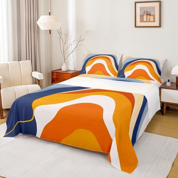 jejeloiu Vintage Geometric Lines Bed Sheets,Minimalist Geometric King Sheets,Orange Blue White Sheet Set,Ultra Soft Bedroom Decor,4pcs