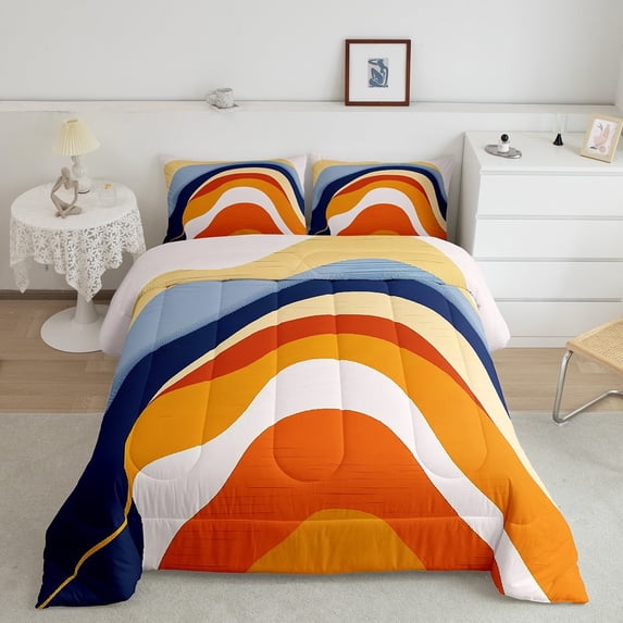 jejeloiu Vintage Geometric Lines Queen Comforter Set,Minimalist Geometric Bedding Sets,Orange Blue White Bedding Comforter Set,Bedroom Decor Ultra Soft,3 Pieces